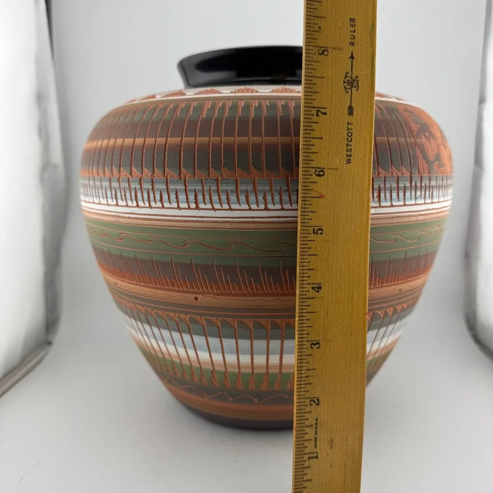 Laura Bahe Navajo Pottery Vase Large Multi Kokopelli Bear Excellent Etched Art